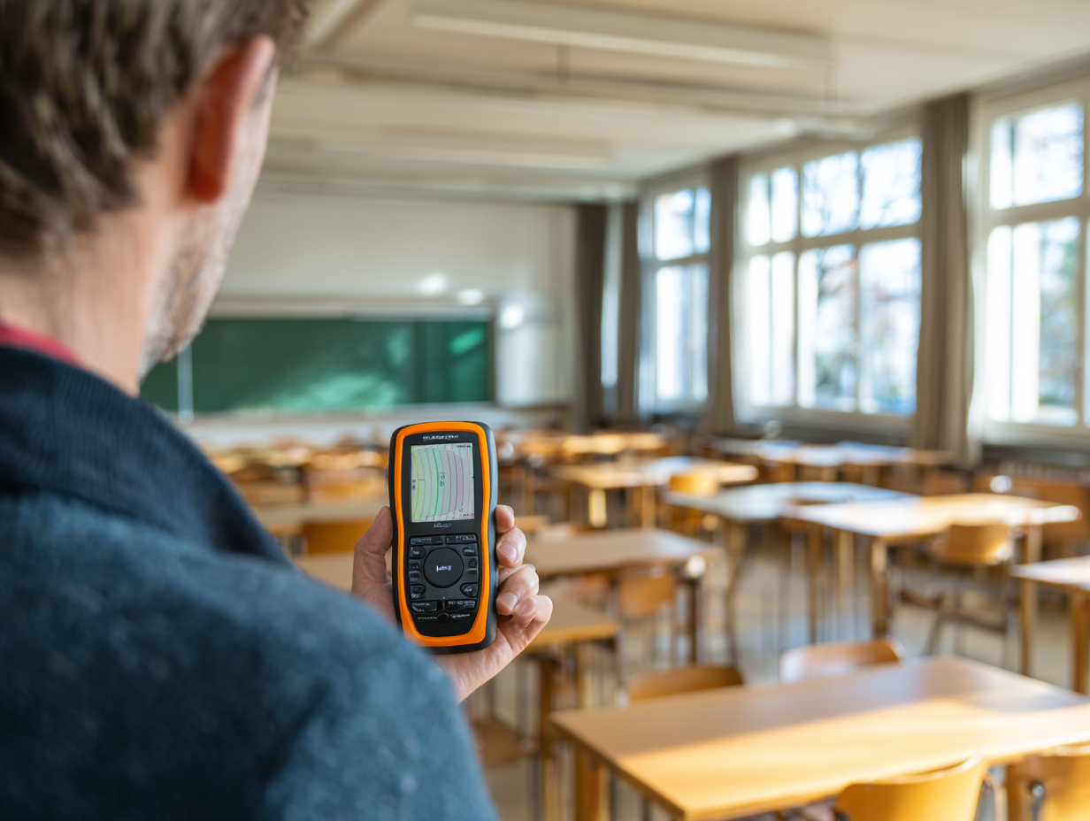 Acoustic engineer measuring reverberation in an empty school classroom